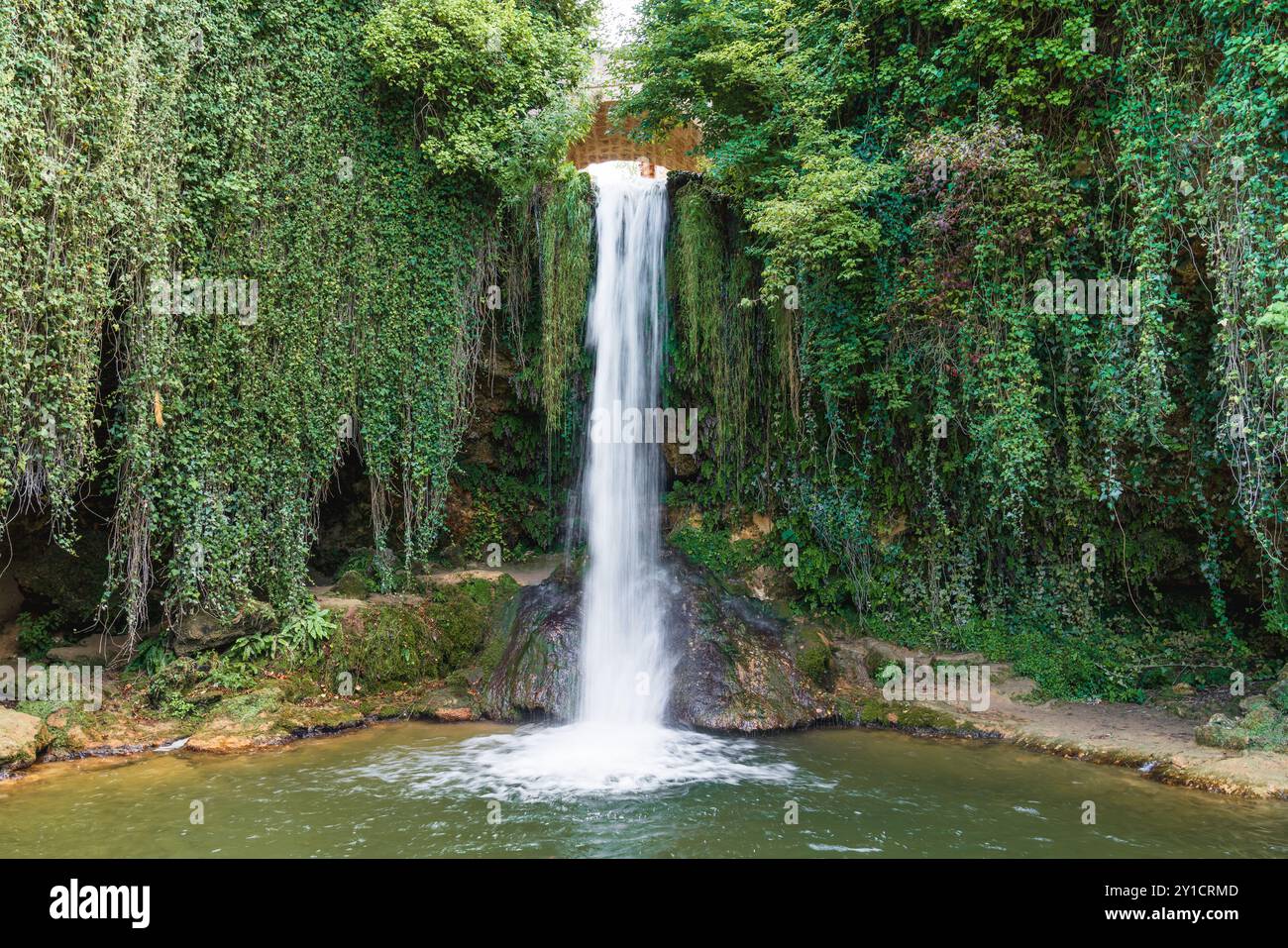 A serene waterfall cascades over rocks into a tranquil pool surrounded by lush greenery in a peaceful outdoor setting Stock Photo