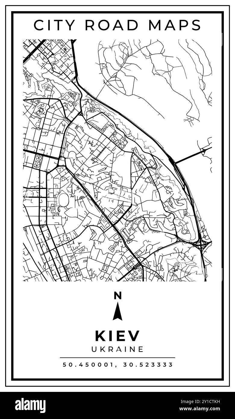 Monochrome Line Art Map of Kiev Capital City of Ukraine, Illustration and home decoration Stock Vector