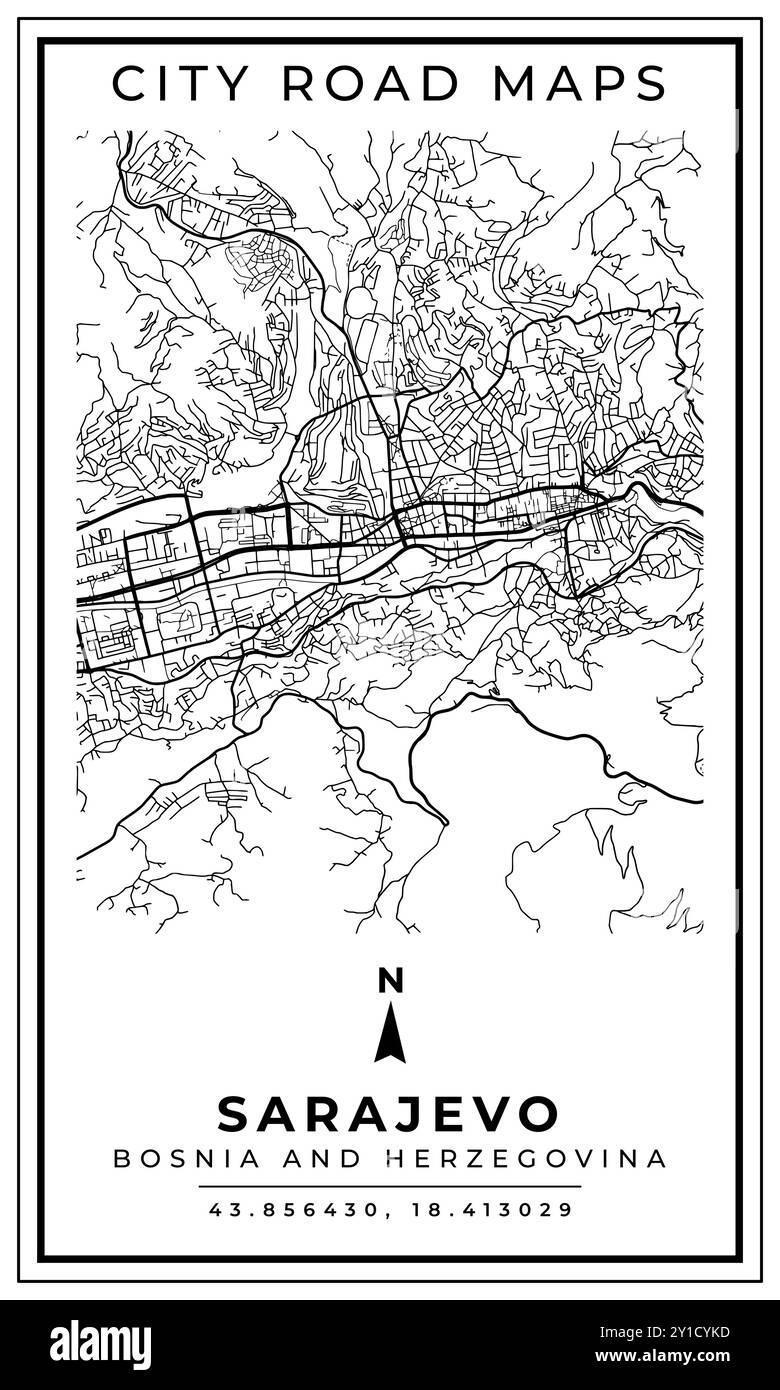 Monochrome Line Art Map of Sarajevo Capital City of Bosnia and Herzegovina, Illustration and home decoration Stock Vector