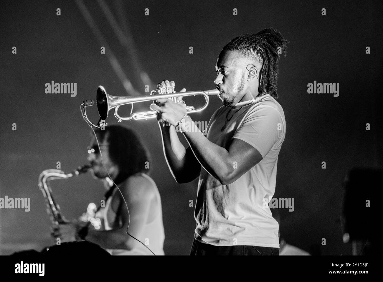 Molison EZRA COLLECTIVE, GREEN MAN FESTIVAL, 2024: Ife Ogunjobi (trumpet) and ...
