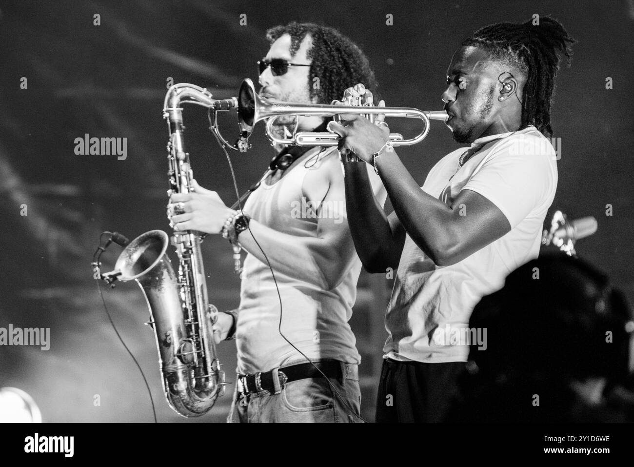 Molison EZRA COLLECTIVE, GREEN MAN FESTIVAL, 2024: Ife Ogunjobi (trumpet) and ...