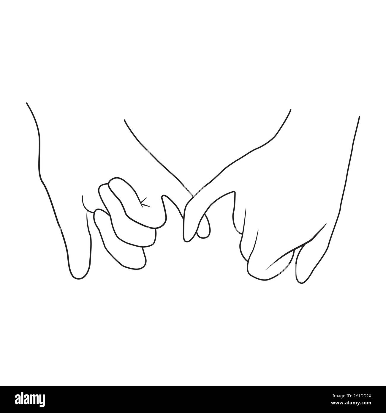 Two pairs of hands are intertwined, with the pinky fingers linked together. Doodle black sketch