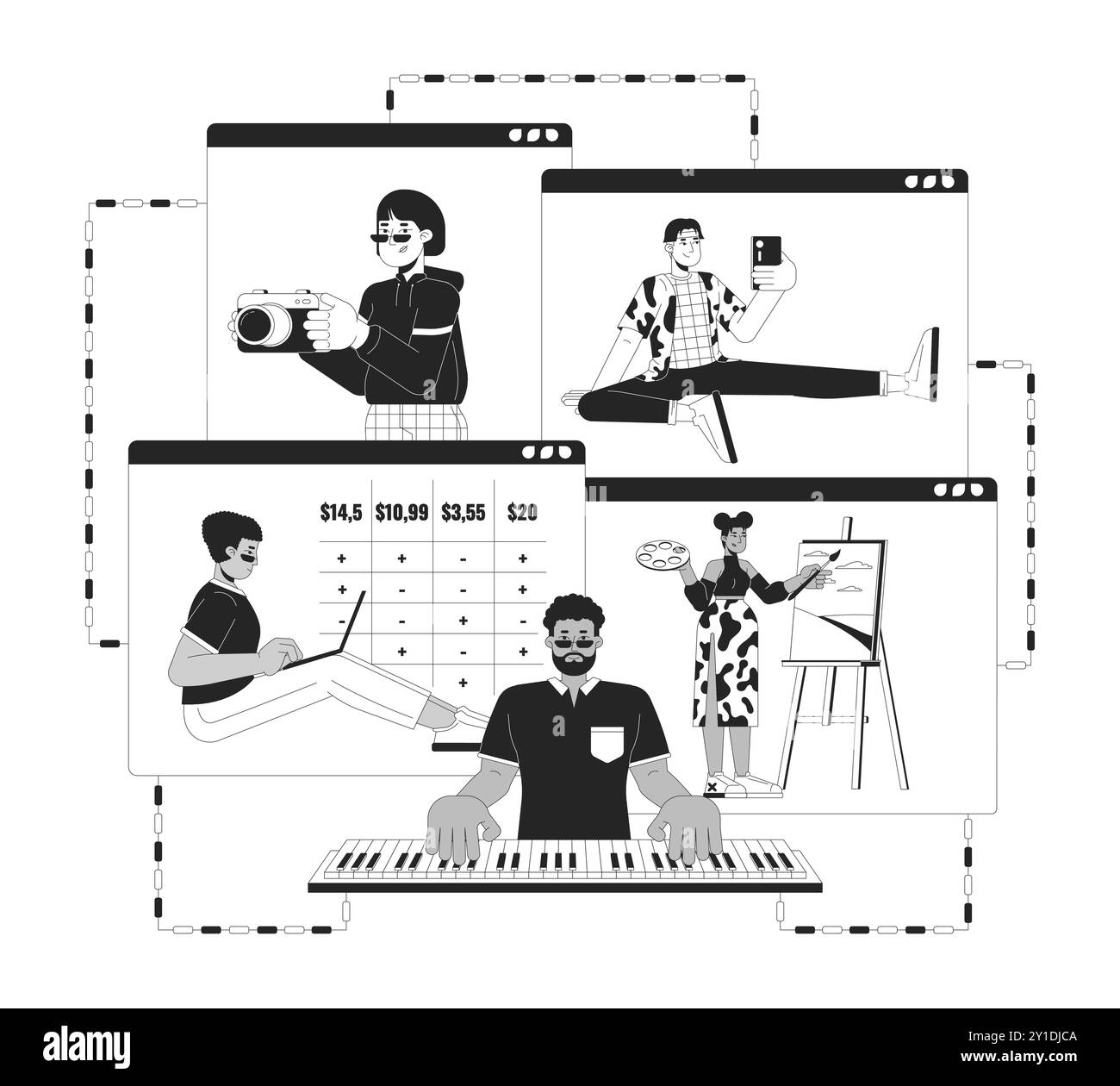 Remote work black and white 2D illustration concept Stock Vector