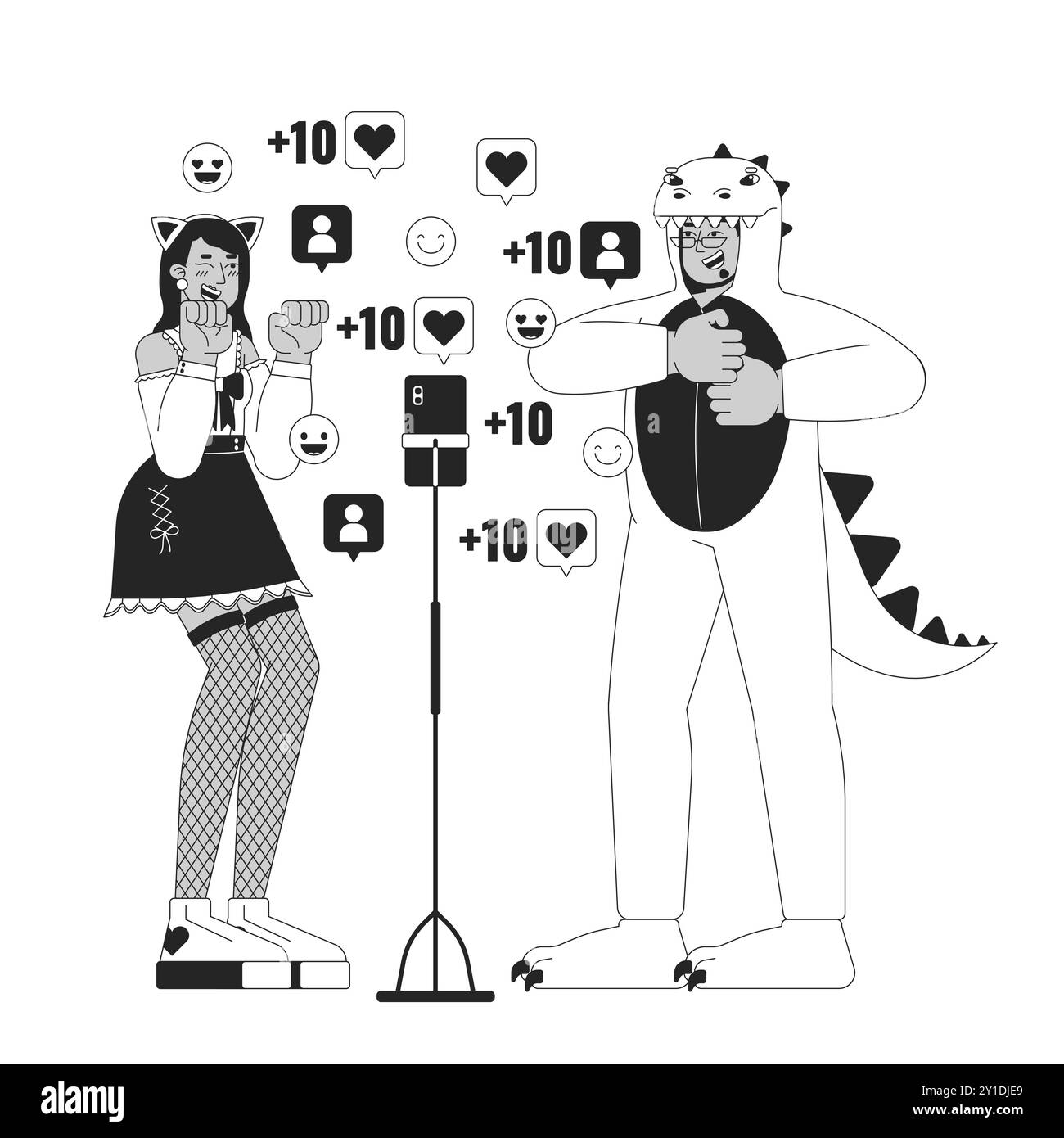 Friends viral dance on social media black and white 2D illustration ...