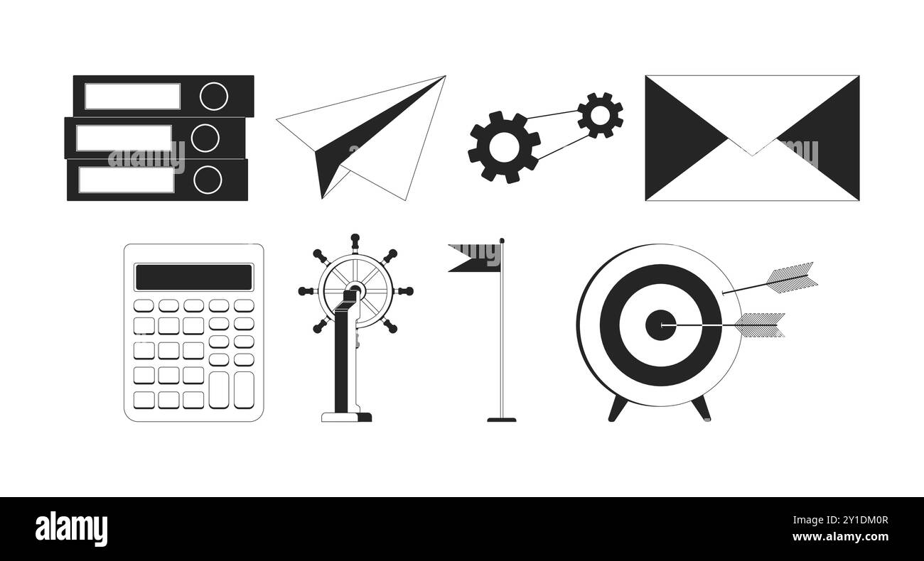 Office essentials black and white 2D line cartoon objects set Stock Vector
