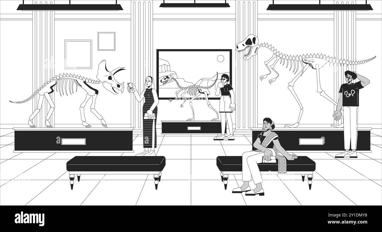 Dinosaur exhibit on tour black and white line illustration Stock Vector ...