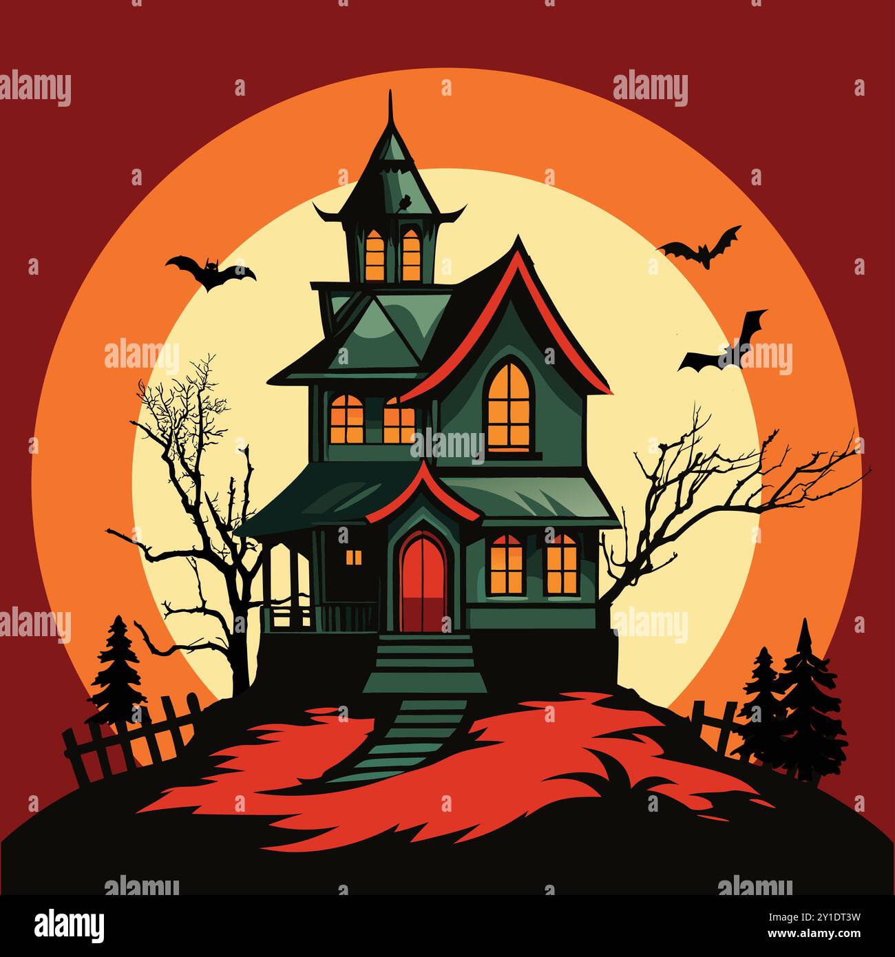 Creepy Haunted House with Full Moon Silhouette, Halloween Haunted House ...