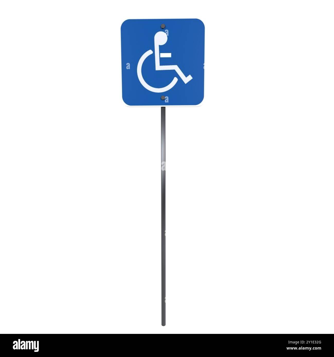 A disabled parking sign is shown on a metal pole, indicating accessibility. Stock Photo