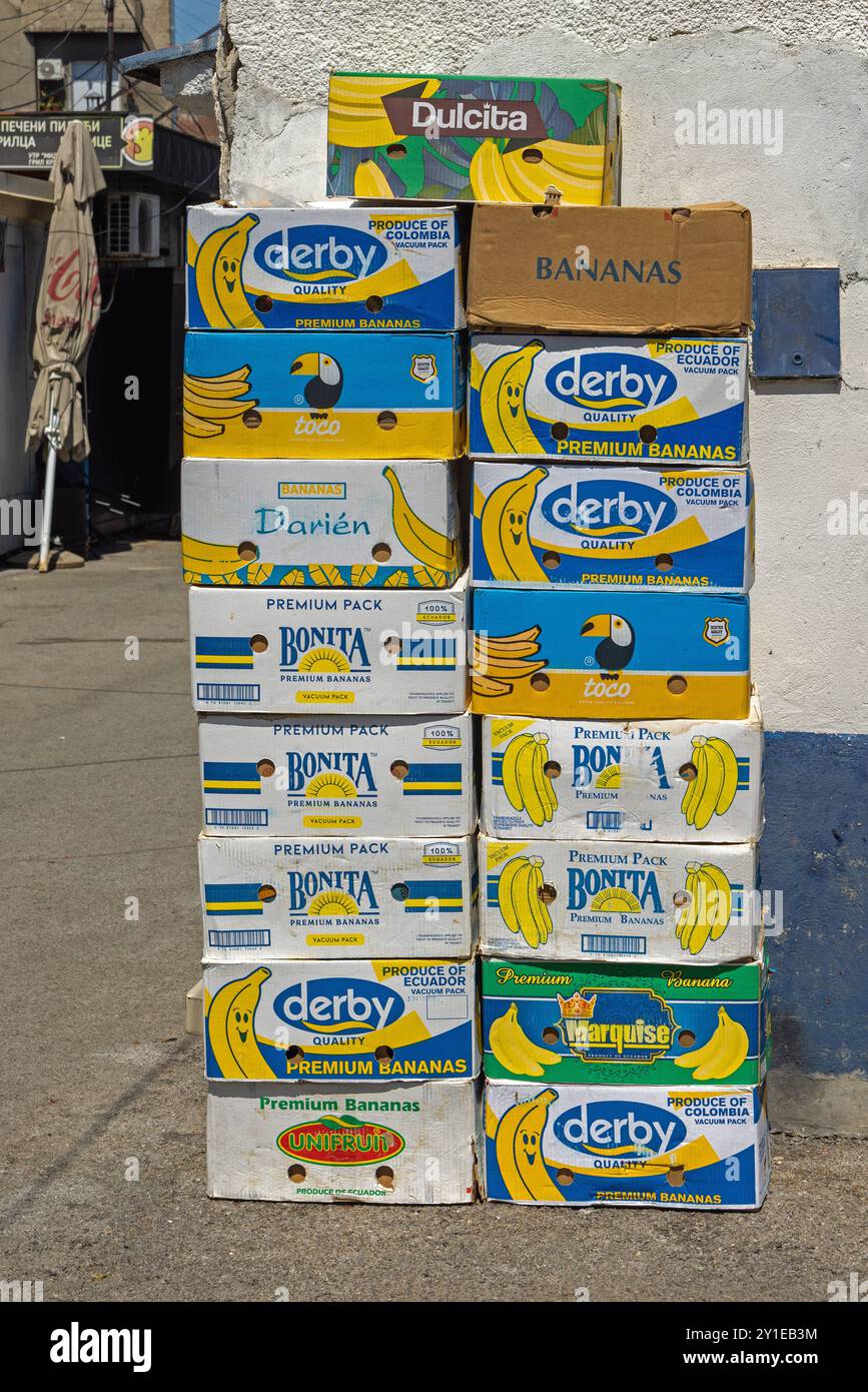 Belgrade, Serbia - August 01, 2024: Stacked Boxes of Vacuum Pack Various Bananas from Columbia at Farmers Market Delivery Sunny Summer Day. Stock Photo