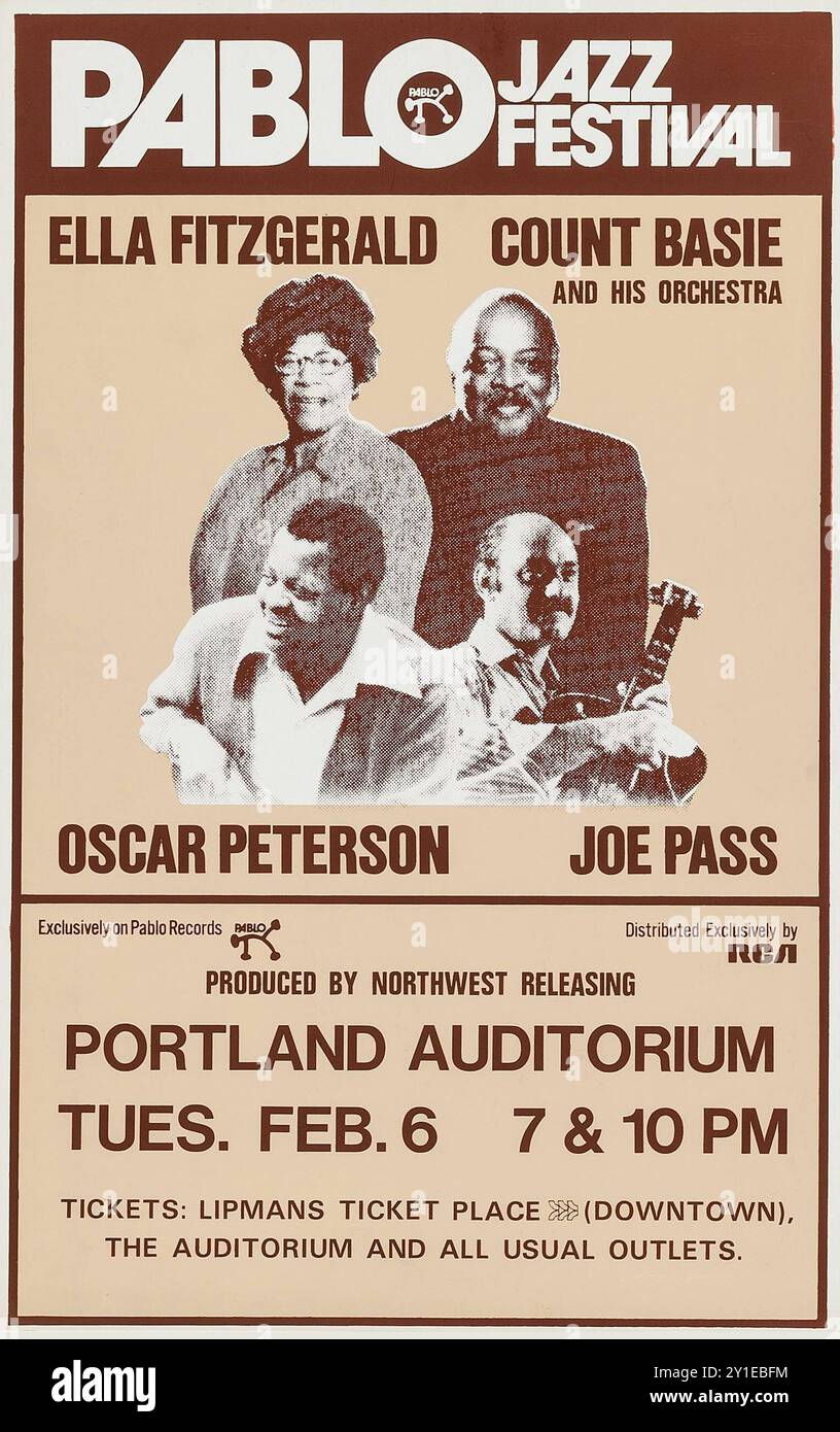 Pablo Jazz Festival with Ella Fitzgerald, Count Basie and His Orchestra, Oscar Peterson and Joe Pass at the Portland Auditorium (Northwest Releasing, 1973). Jazz Concert poster Stock Photo