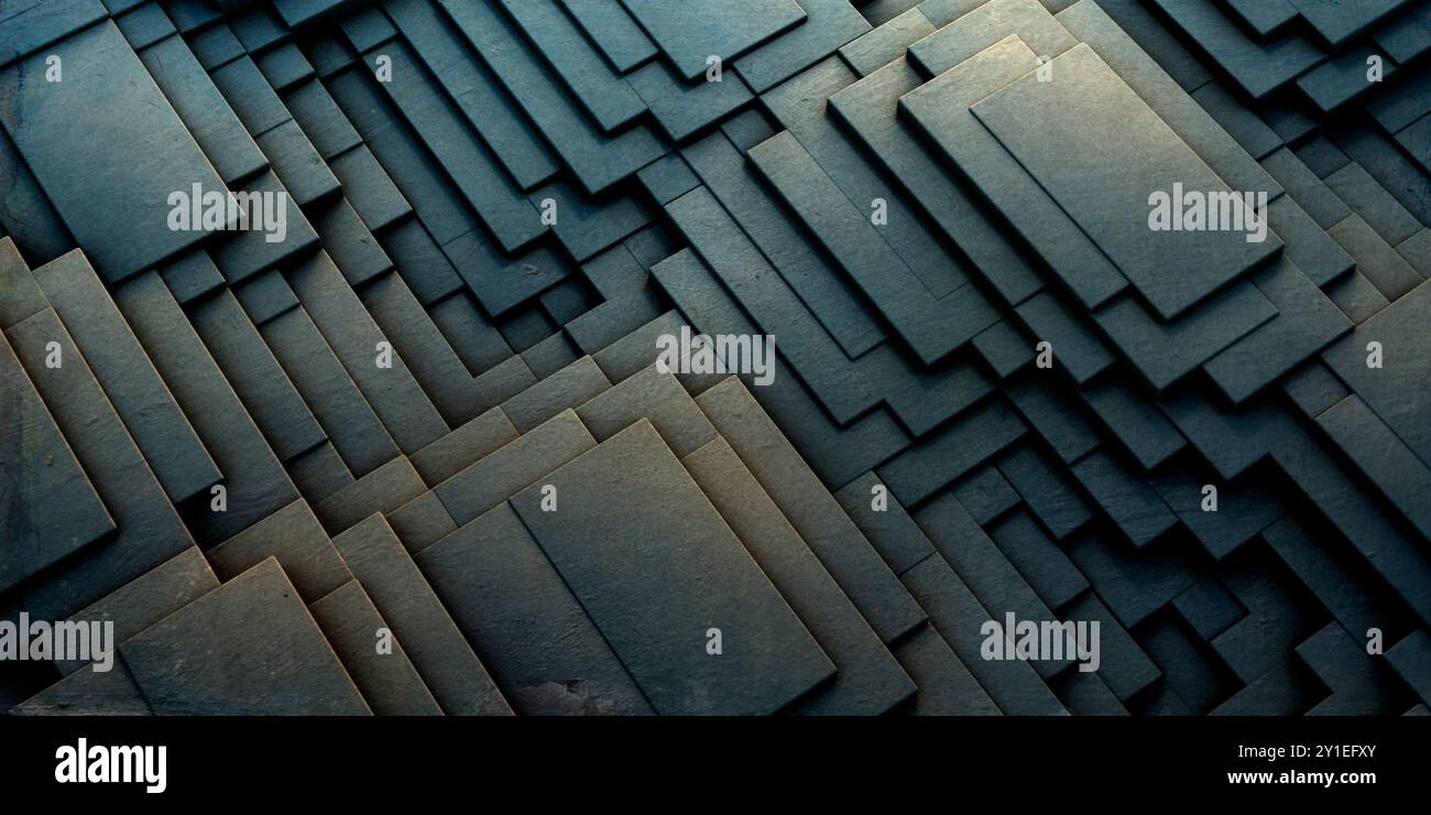 Abstract geometric background. Geometry pattern with rustic concrete cube blocks . Grey textured cement wall building. Stock Photo