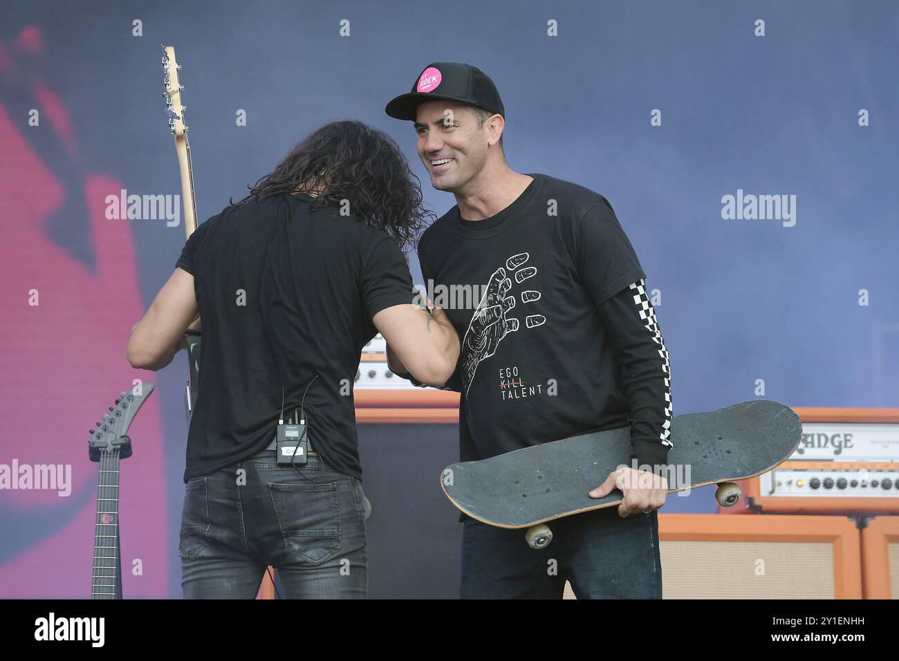 Rio de Janeiro, Brazil, September 28, 2019. Skater Bob Burnquist, during a concert by the rock band Ego Kill Talent, at Rock in Rio. Stock Photo