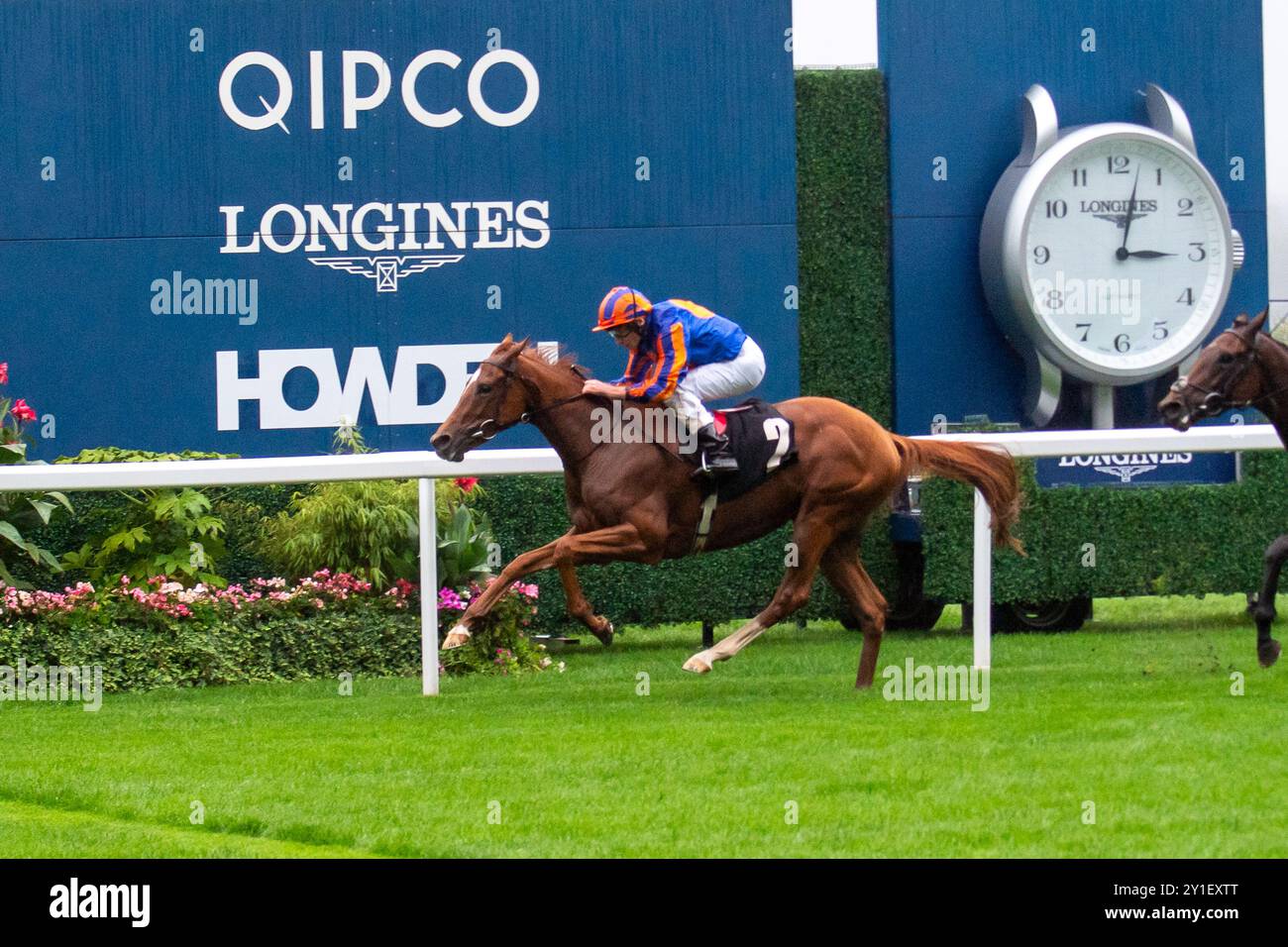 Ascot, UK. 6th September, 2024. BALLET SLIPPERS ridden by jockey Ryan Moore wins the Wesco Anixter EBF Fillies' Novice Stakes (Class 4) (GBB Race) at the Big Food and Festival Weekend Supported by Chapel Down at Ascot Racecourse in Berkshire. Owners Mr M Tabor, D Smith and Mrs John Magnier, Trainer Aidan O'Brien. Credit: Maureen McLean/Alamy Live News Stock Photo