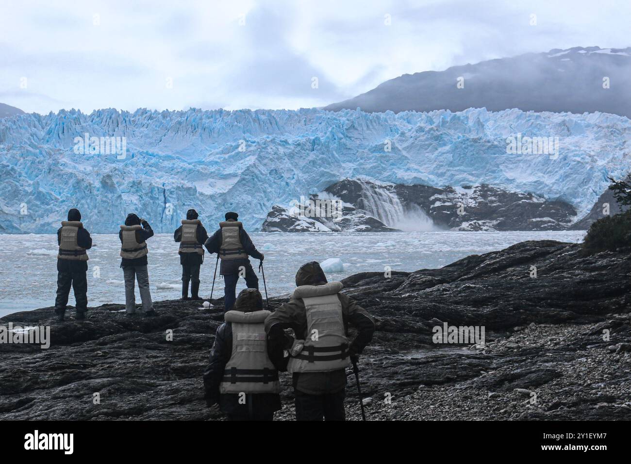 Patagonia Chile Sep 05 2024: A huge chunk of glacier collapses into a