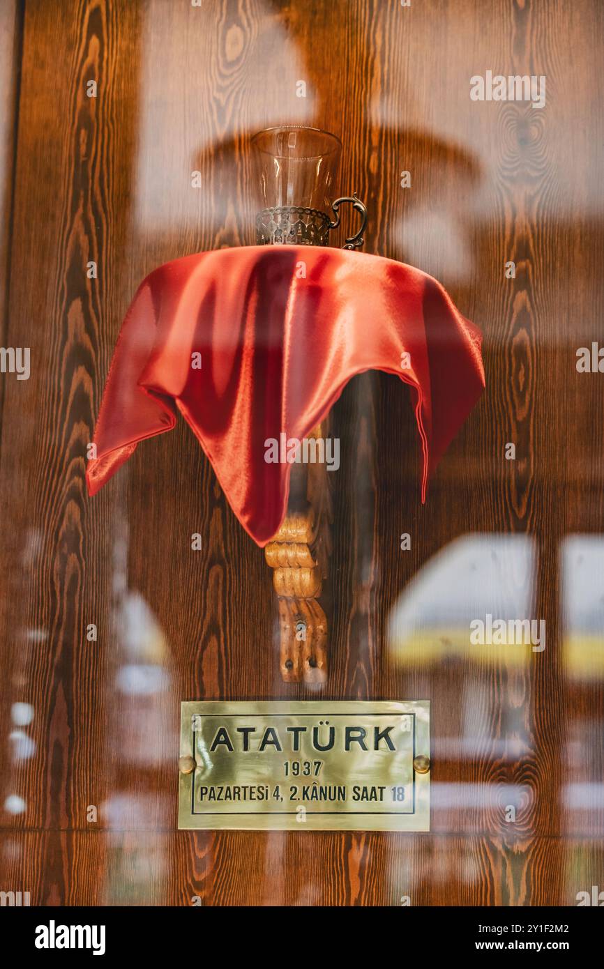 08 July 2024, Istanbul, Turkey: The preserved souvenir glass from which