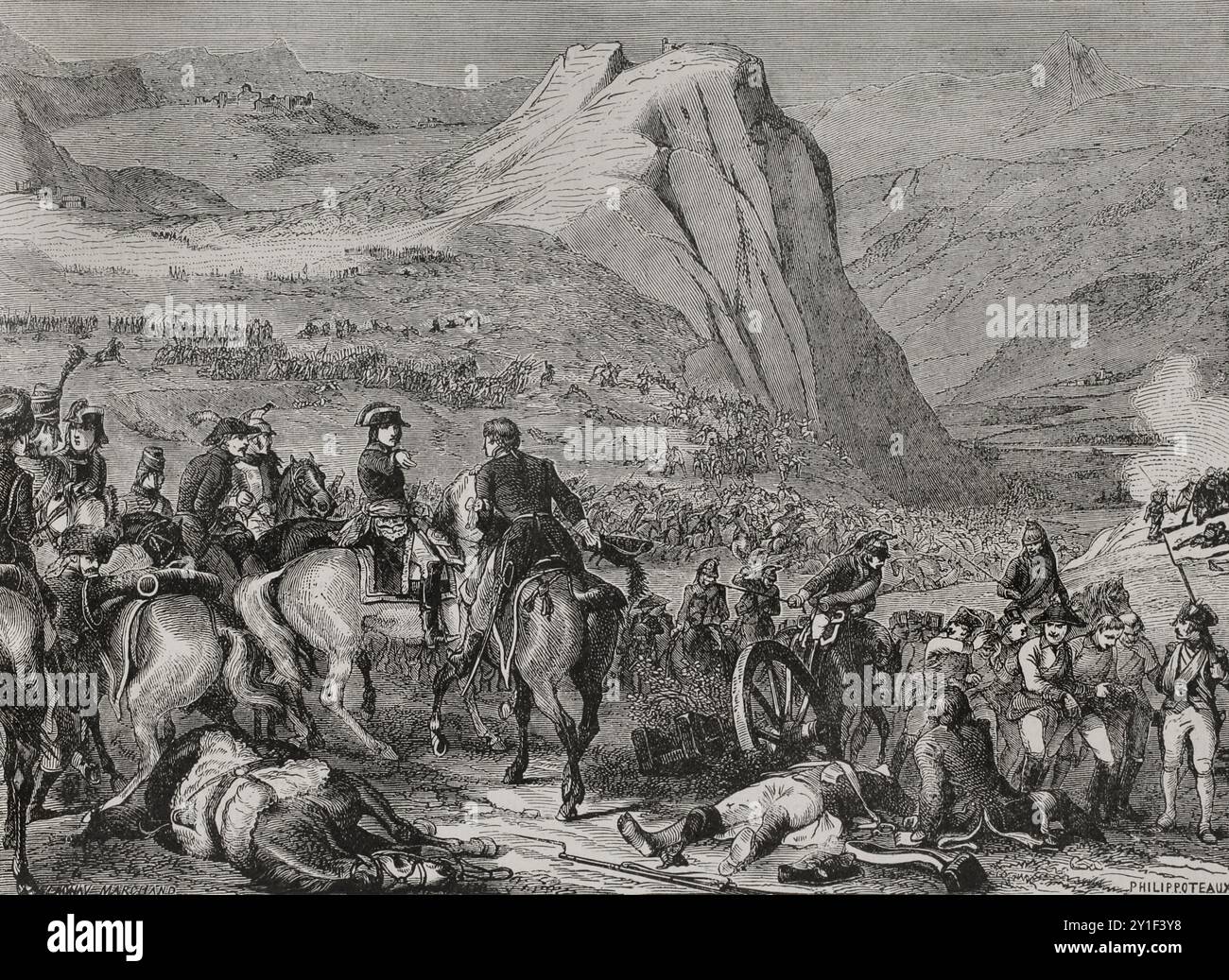 French Revolutionary Wars. War of the First Coalition (1792-1797). Italian campaign. Battle of Rivoli (14 January 1797). The French army under Napoleon Bonaparte defeated the Austrian forces. Drawing by Philippoteaux. Engraving by Launay-Marchand. 'History of the French Revolution'. Volume I, 2nd part, 1879. Stock Photo