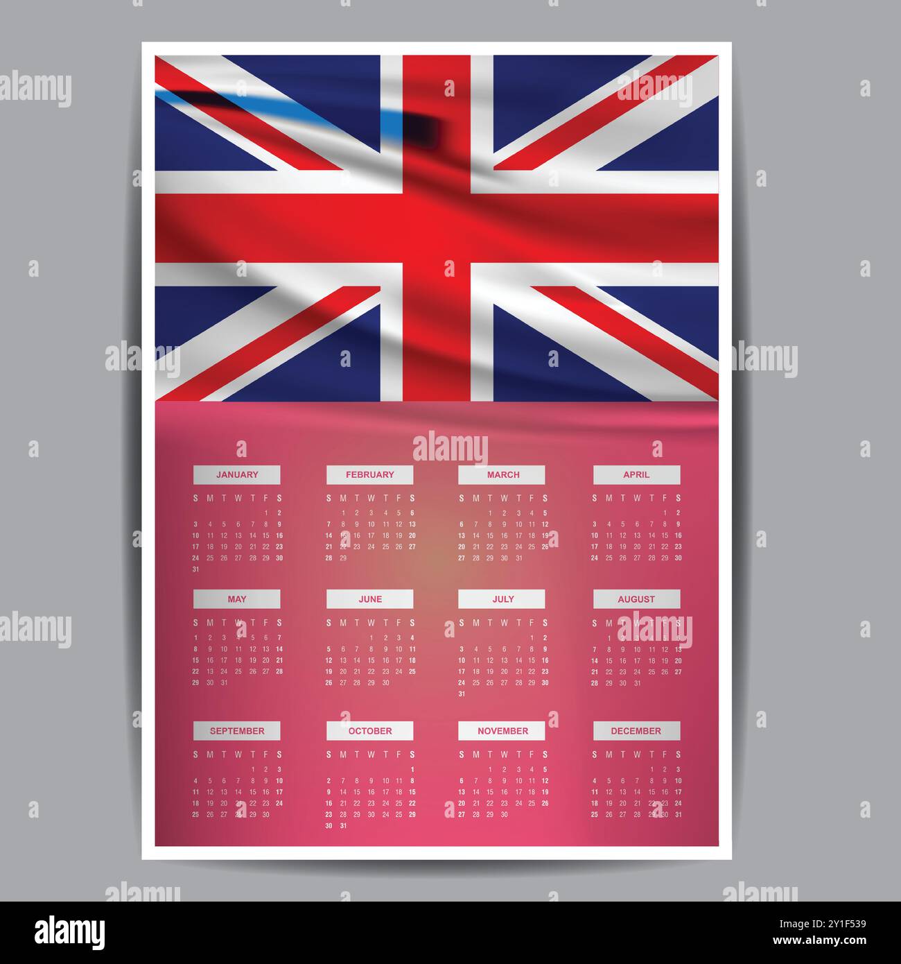 Calendar week starts Monday with a corporate design template | UK flag with UK theme color all month Vector Stock Vector