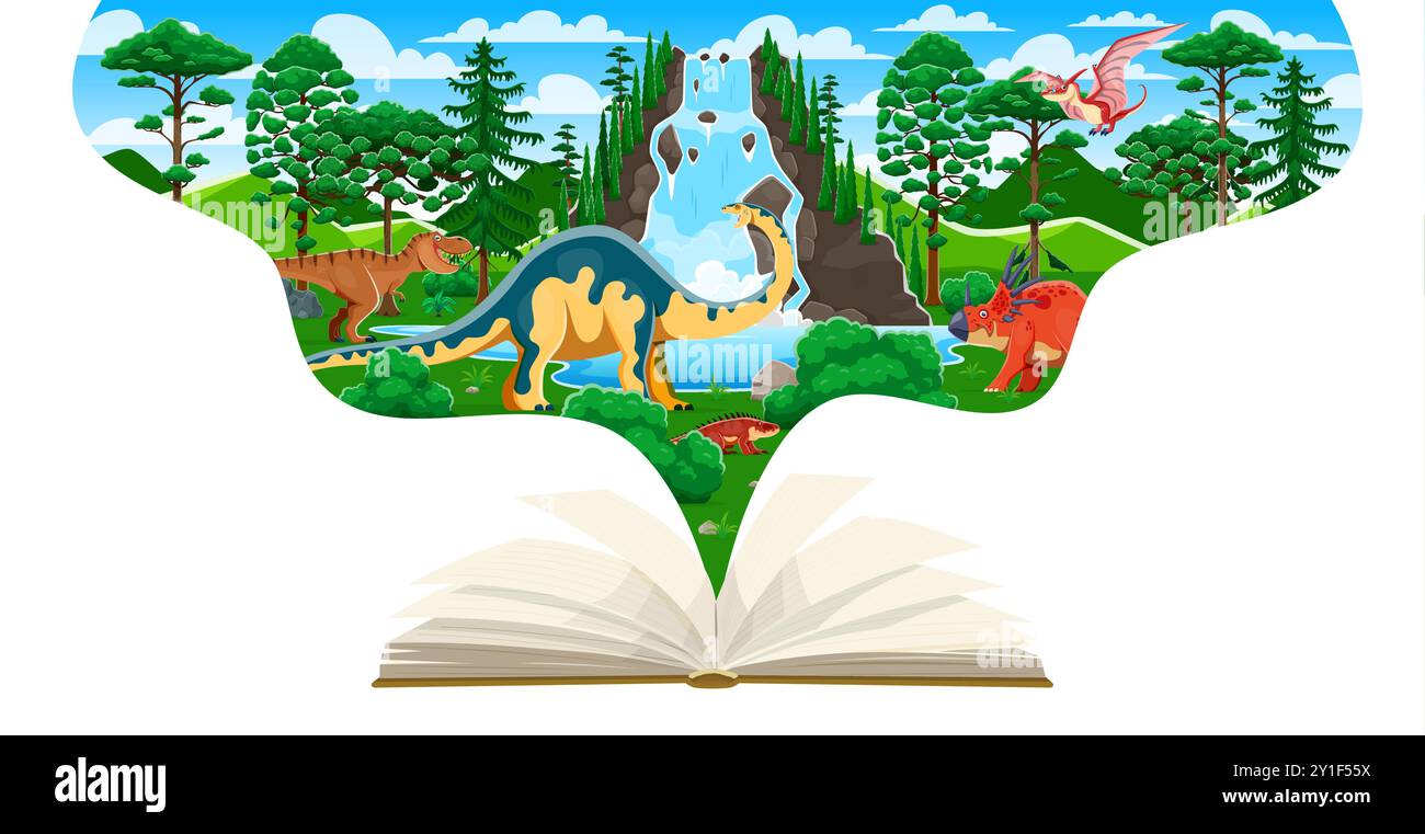 Opened School Textbook With Prehistoric Dinosaurs Characters In Jungle Opened School Textbook With Prehistoric Dinosaurs Characters In Jungle