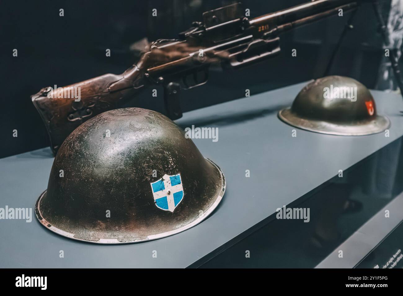 09 July 2024, Deniz Museum, Istanbul, Turkey: display of military gear, including ammunition and helmets, reflecting the history of the Turkish and Gr Stock Photo