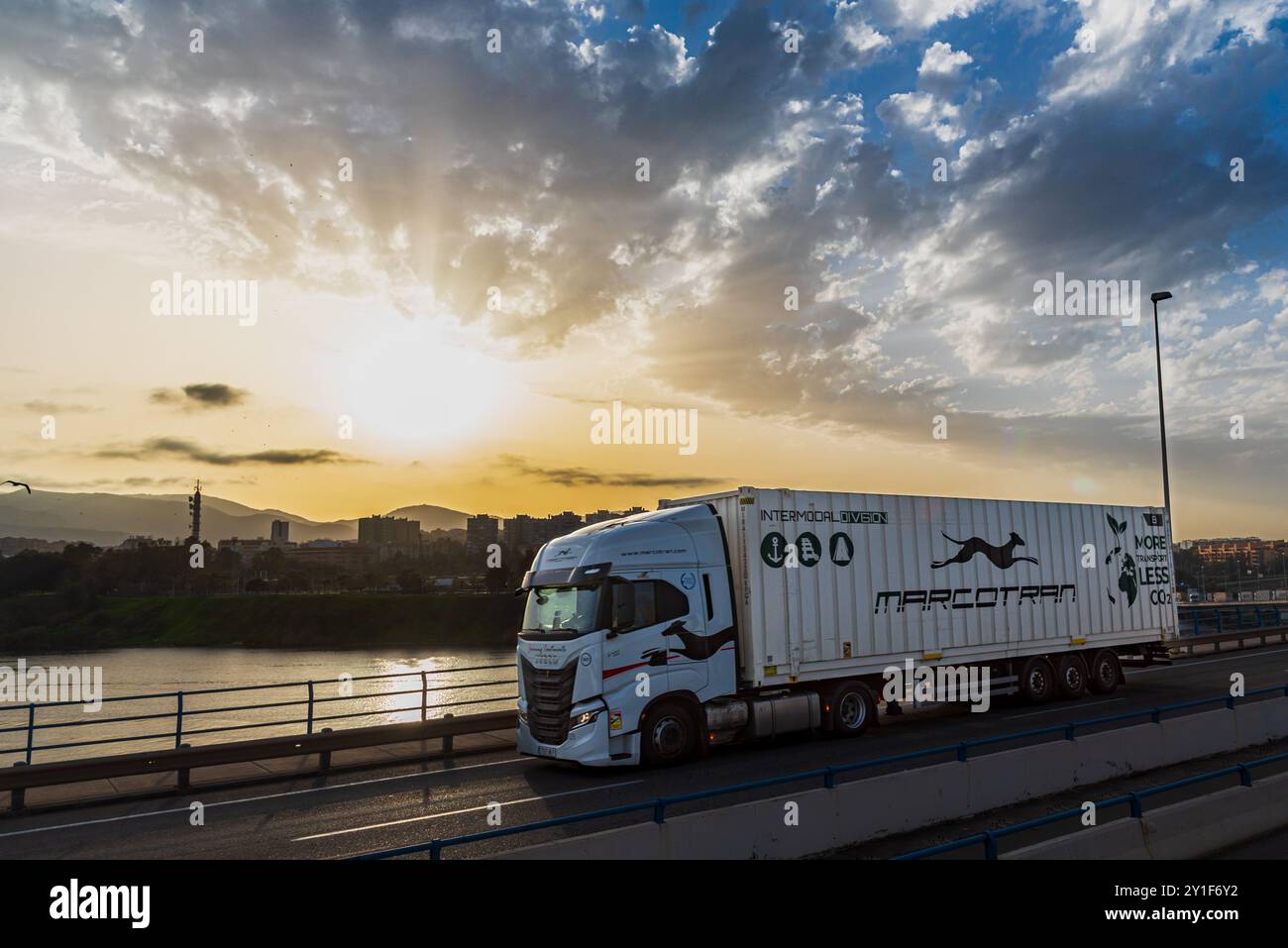 Algeciras, Cadiz, 3.1.2024; Truck with intermodal container from the Marcotrans company entering the port of Algeciras. Stock Photo