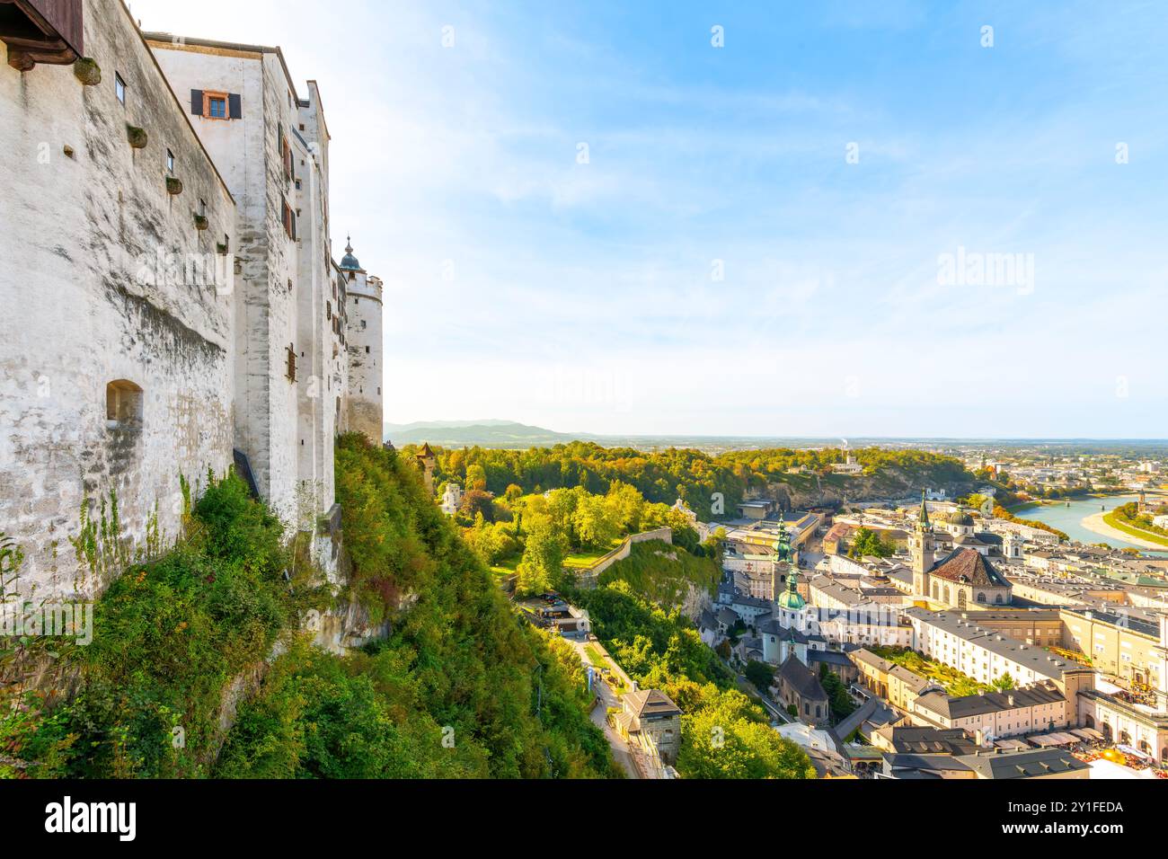 View of the old town, new town and Salzach River from the walls of the medieval Fortress Hohensalzburg hilltop castle in summer, Salzburg, Austria. Stock Photo