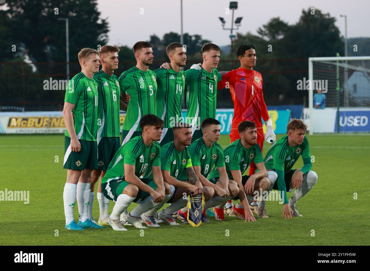 Northern Ireland players, back row from left, Terry Devlin, Justin Devenny, Michael Forbes, Tom Fogarty, Aaron Donnelly, Pierce Charles, front row from left, Darren Robinson, Dale Taylor, Patrick Kelly, Sean Stewart and JJ McKiernan before the UEFA Euro U21 Championship Qualifying match at the Ballymena Showgrounds, County Antrim. Picture date: Friday September 6, 2024. Stock Photo