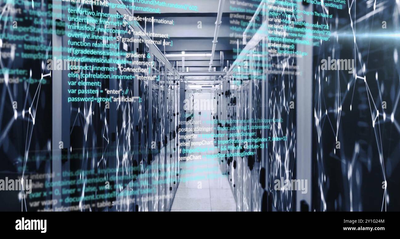 Computer code image over servers in data center Stock Photo