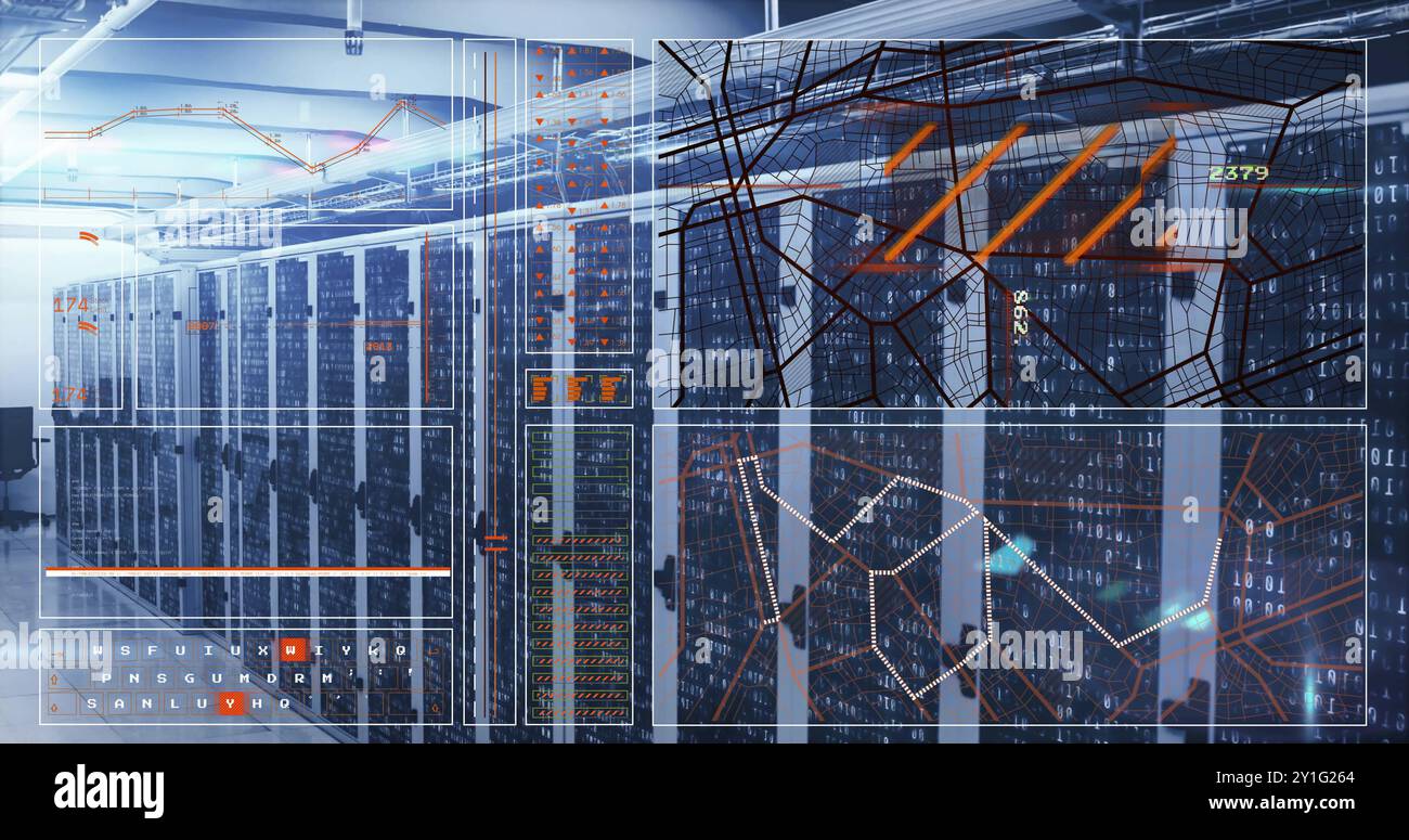 Data processing and network connections image over server racks in data center Stock Photo