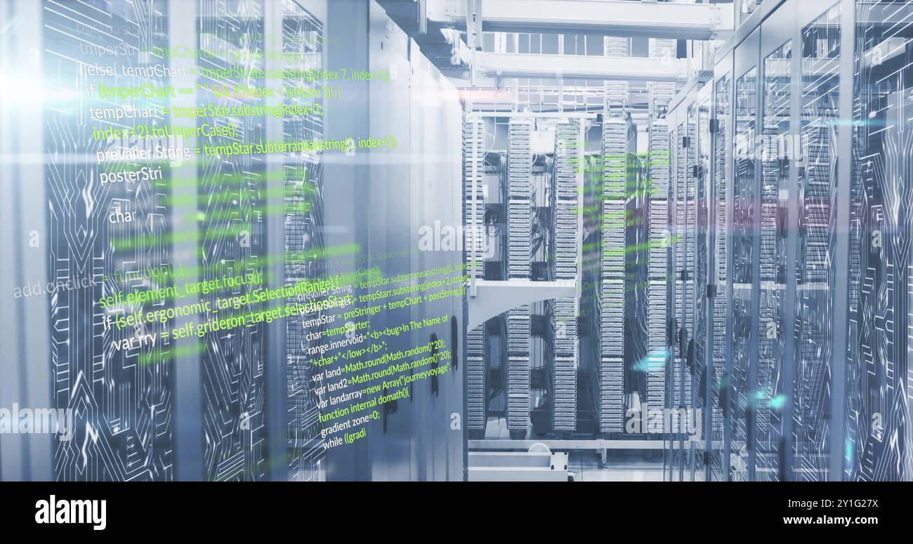 Computer code image over servers in data center. Technology, coding ...