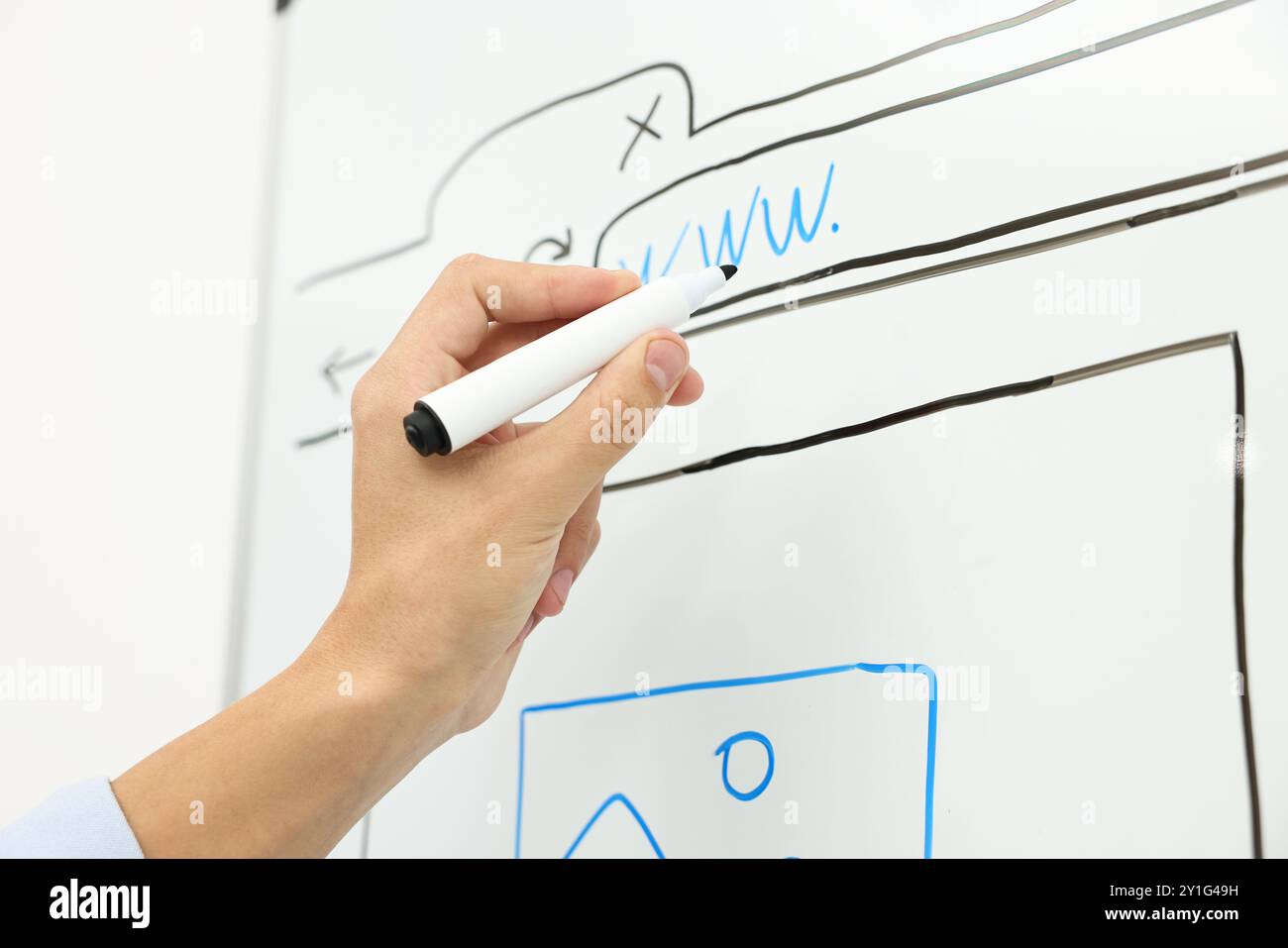 Developing UI design. Man drawing website wireframe on whiteboard indoors, closeup Stock Photo