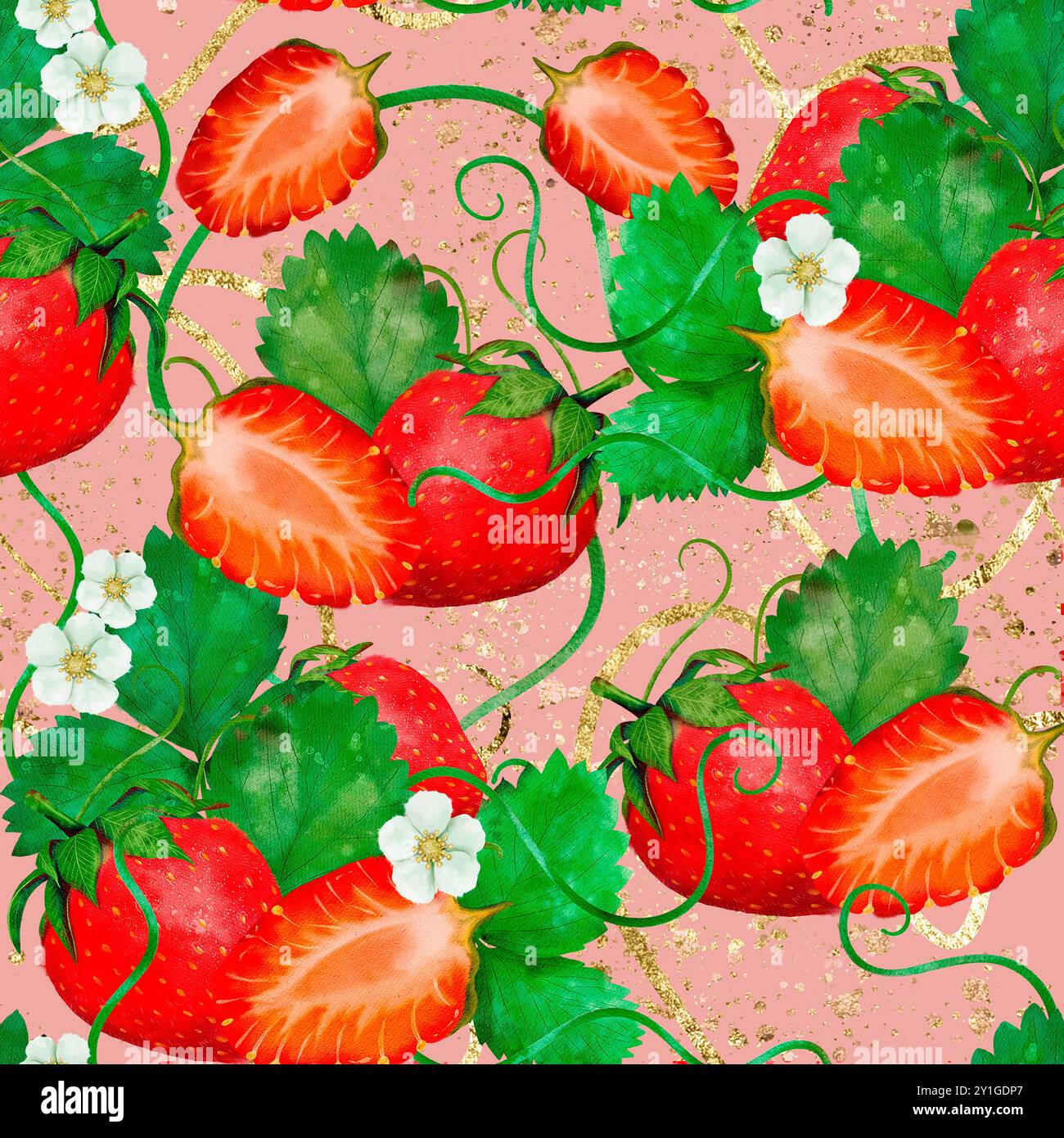 A detailed watercolor painting of vibrant strawberries with green ...