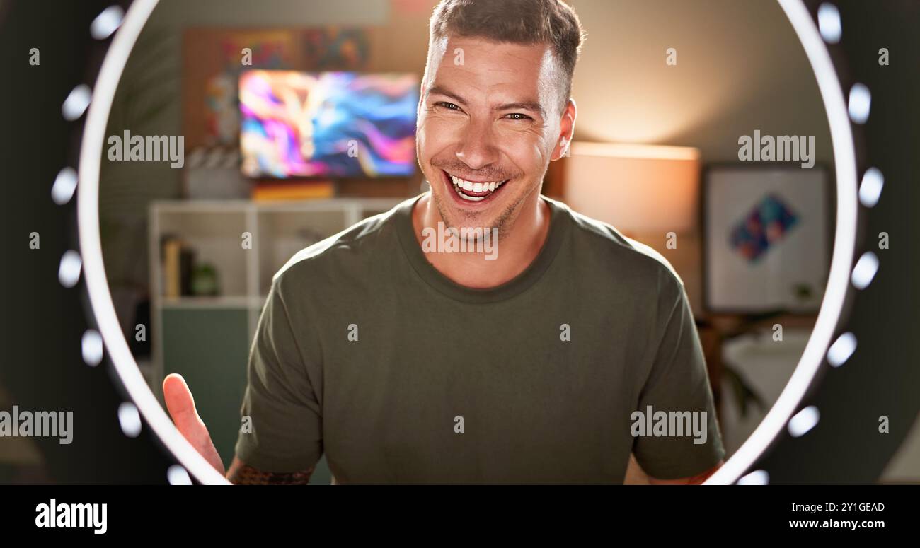 Influencer, smile and portrait in ring light for streaming, follower ...