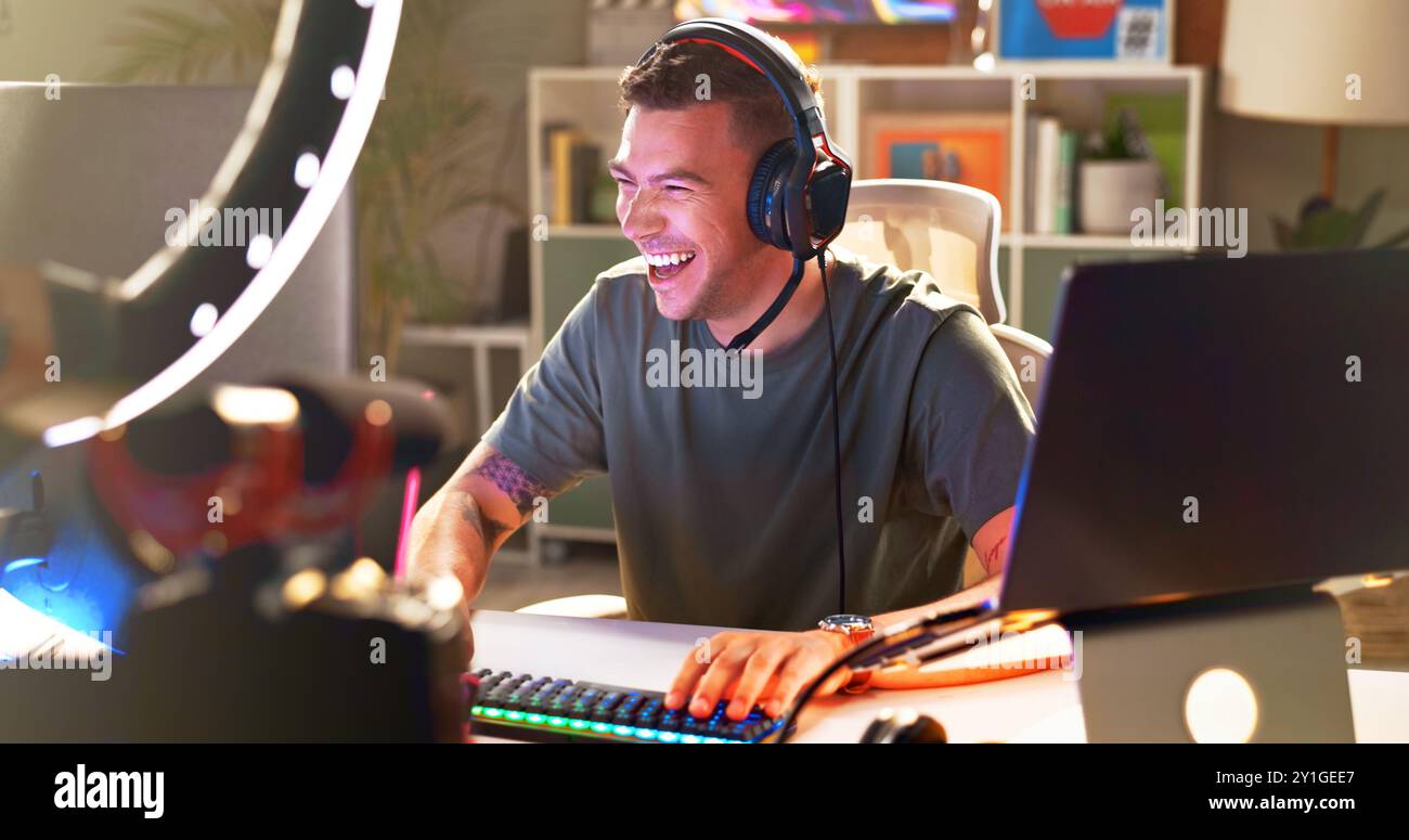 Influencer, happy and headphones at tech for streaming, follower ...