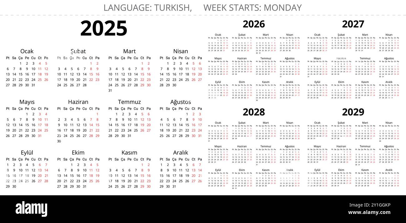 2025, 2026, 2027, 2028, 2029 turkish calendars. Printable vector