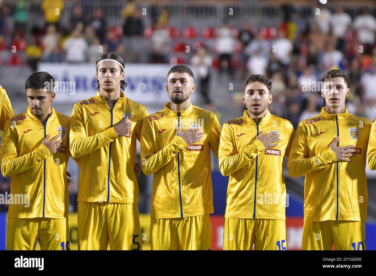 TONY STRATA , GABRIEL DANULEASA ,OVIDIU PERIANU , AHMED BANI , MARIUS CORBU DURING ROMANIA U2 vs MONTENEGRO U21 ,QUALIFICATION GAME  FOR EURO U21 2025 Stock Photo