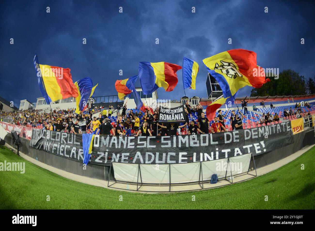 ROMANIAN SUPPORTERS DURING ROMANIA U2 vs MONTENEGRO U21 ,QUALIFICATION GAME  FOR EURO U21 SLOVAKIA 2025 , TARGOVISTE ,ROMANIA  06.09.2024 Stock Photo