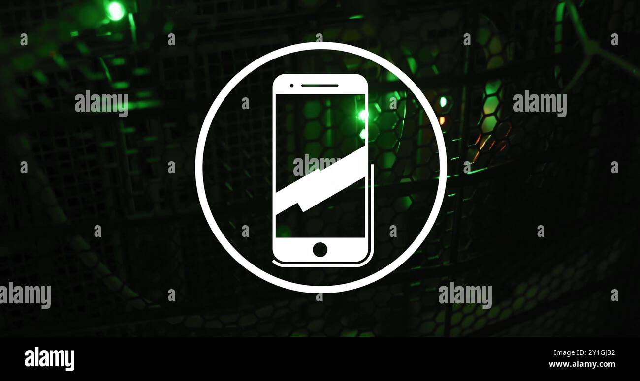 Image of smartphone icon and digital data processing over computer servers Stock Photo