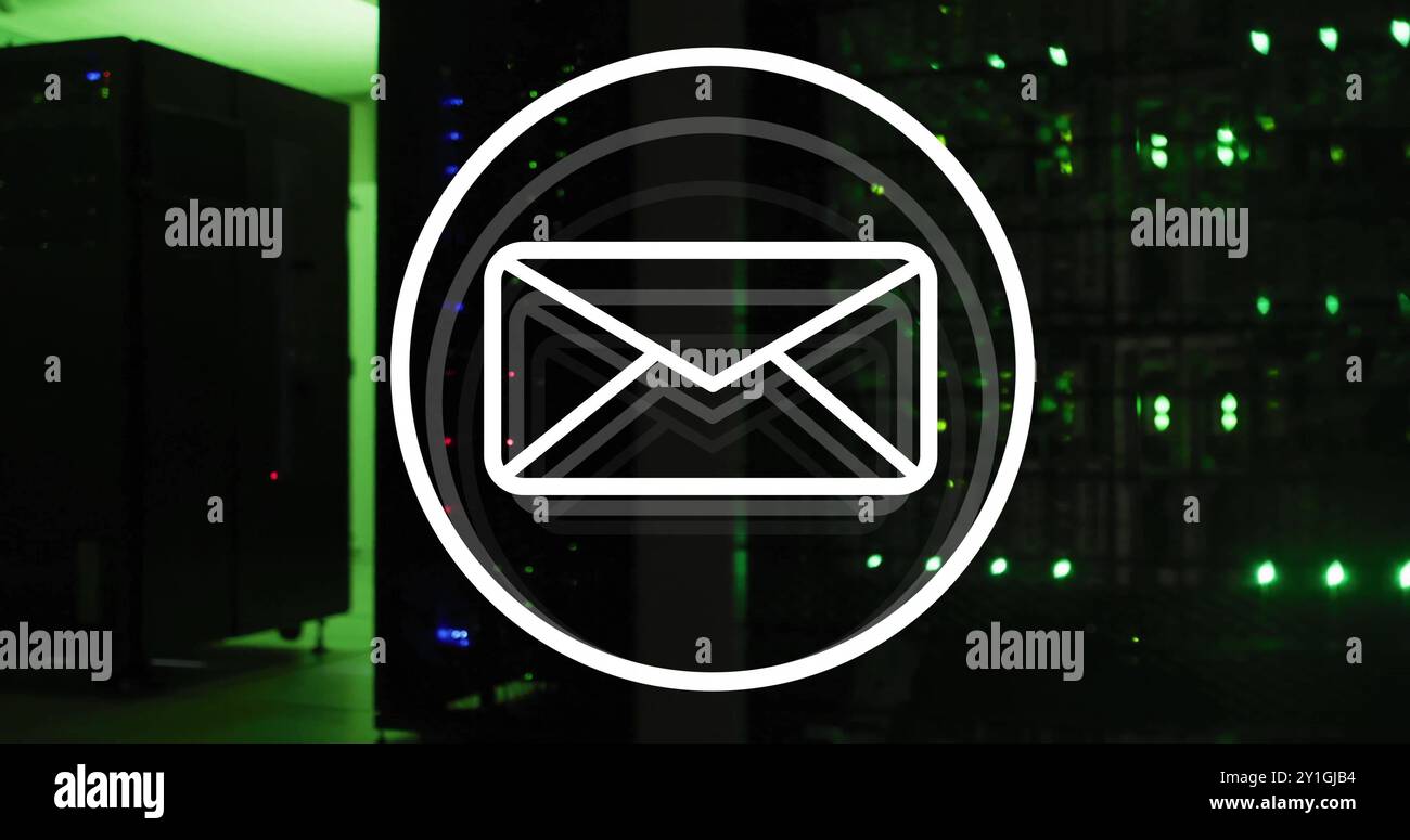 Image of email icon and digital data processing over computer servers Stock Photo