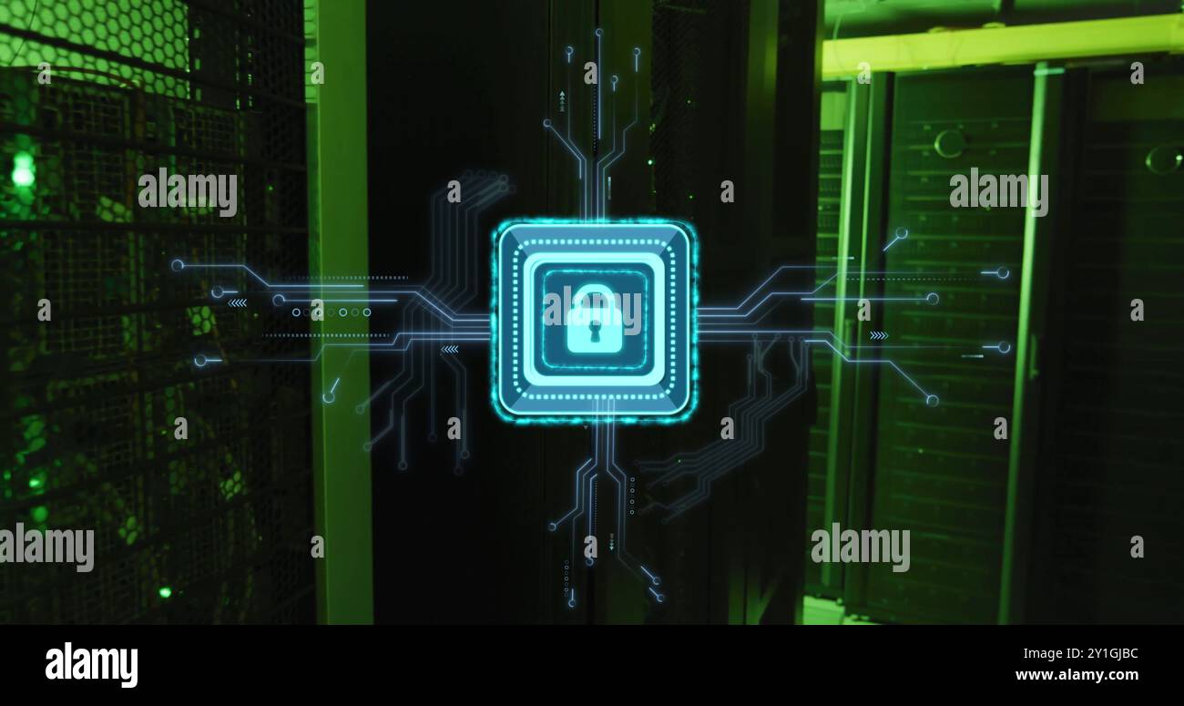 Image of padlock icon and digital data processing over computer servers Stock Photo