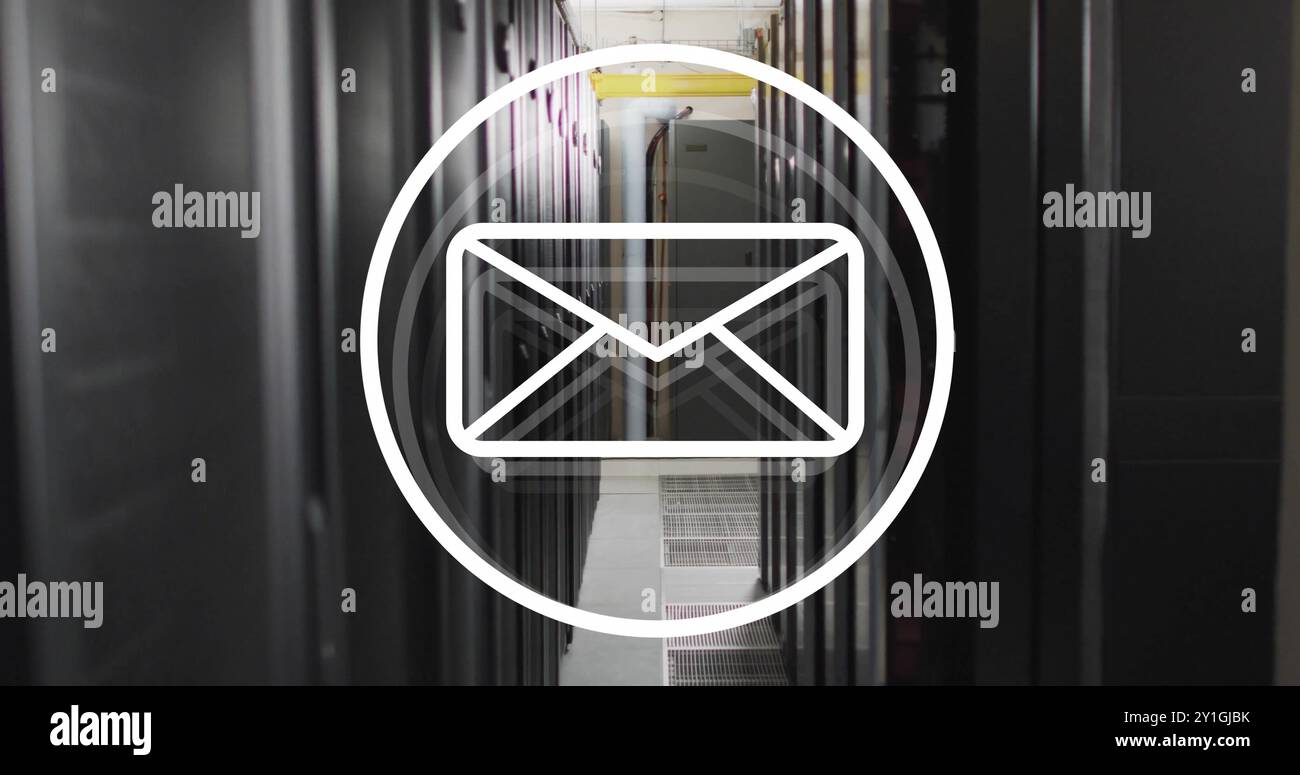 Image of email icon and digital data processing over computer servers Stock Photo