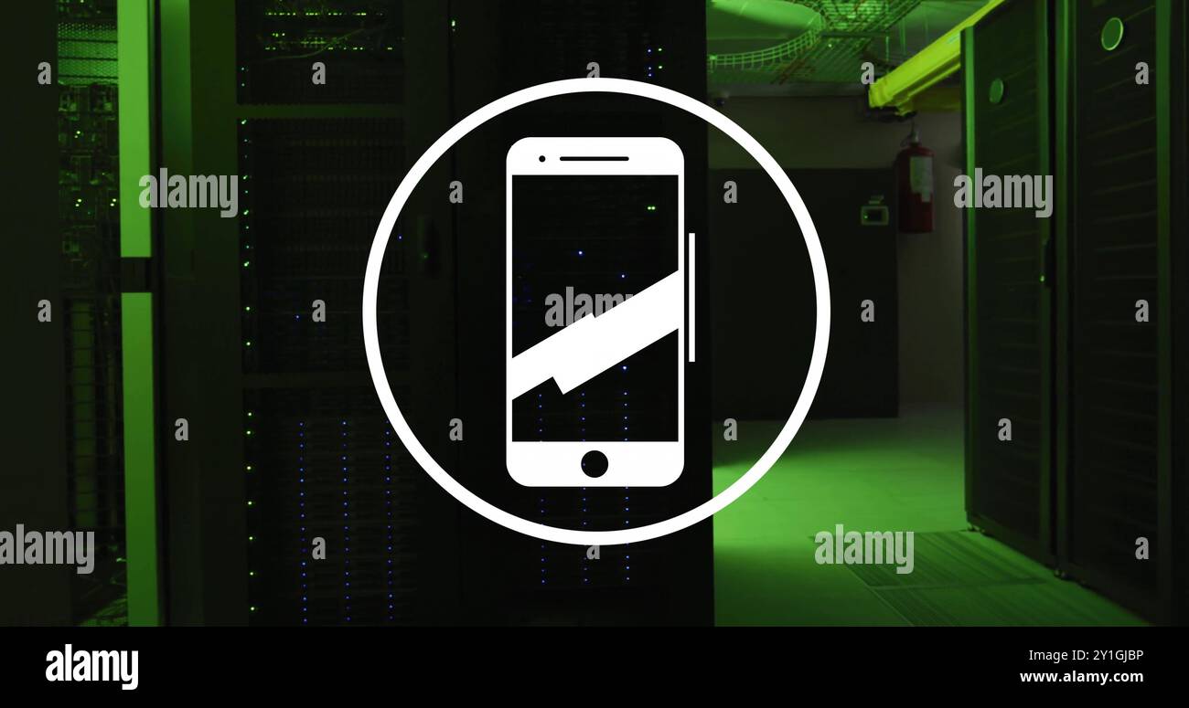 Image of smartphone icon and digital data processing over computer servers Stock Photo