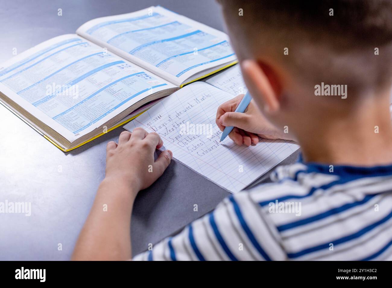 Boy is doing his homework in the kitchen. Stock Photo