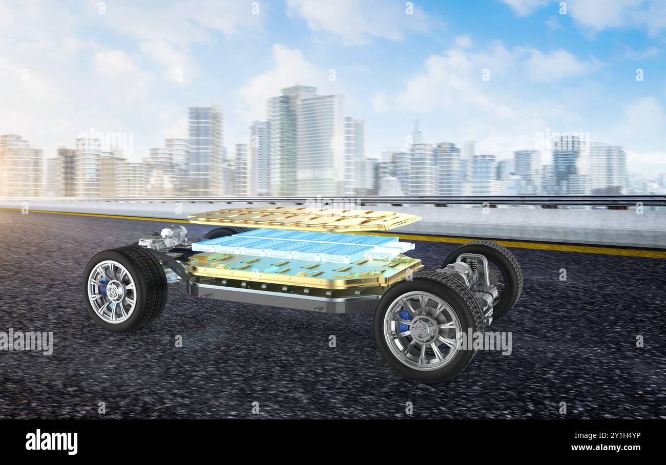 Ev Rendering 3d rendering ev car or electric vehicle in town with cityscape ...