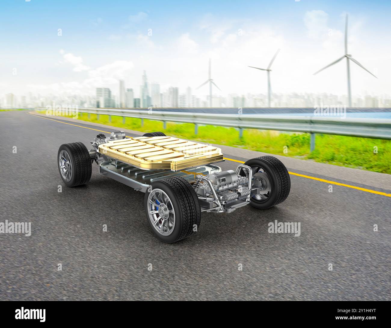 Ev Rendering 3d rendering ev car or electric vehicle in town with cityscape ...