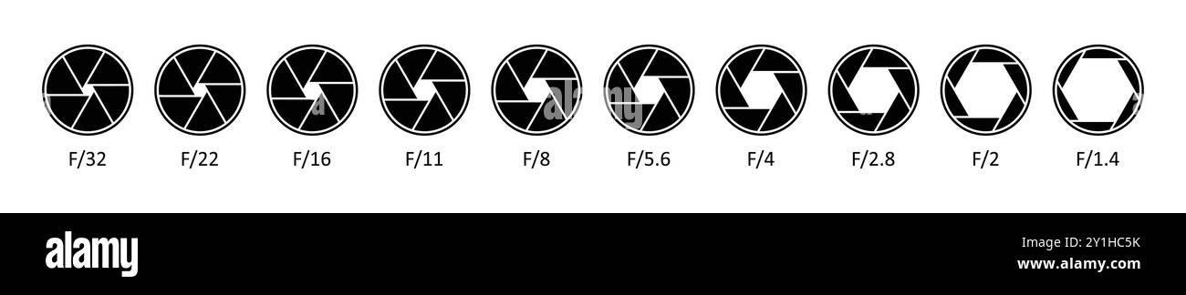 Camera lens diaphragm collection. Aperture icon symbol set in black ...