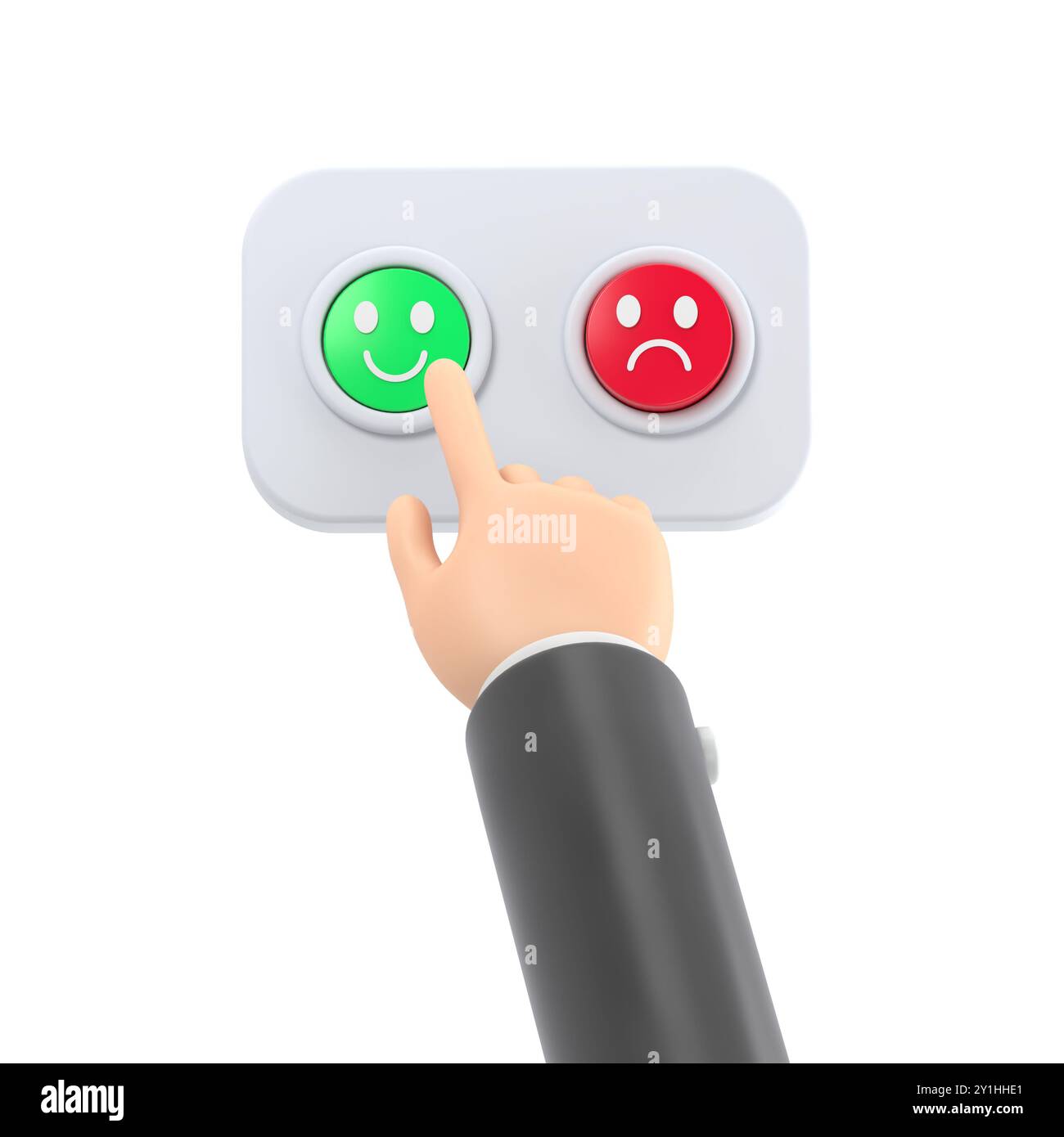 Satisfied customer cartoon hand presses the green button. Business or market clip art. Positive experience emotion.3D rendering on white background. Stock Photo