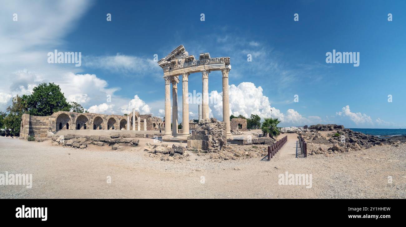 Panoramic view of ancient Roman temple ruins under a clear blue sky in ...