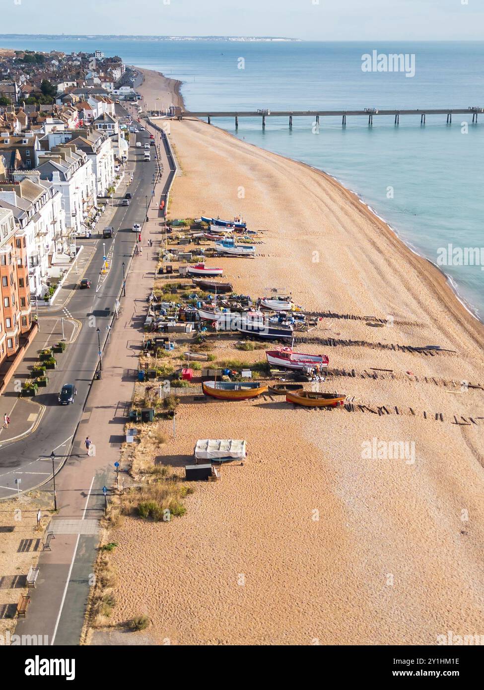 aerial view of the beach fishing boats and pier  at deal in   kent Stock Photo