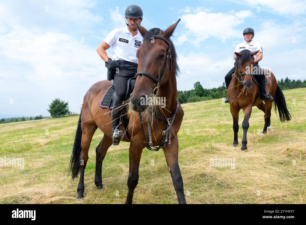 Two Slovak policemen, Mounted Police, Officer in Summer Uniform Patrolling, Czech Slovak Border Slovakia Stock Photo