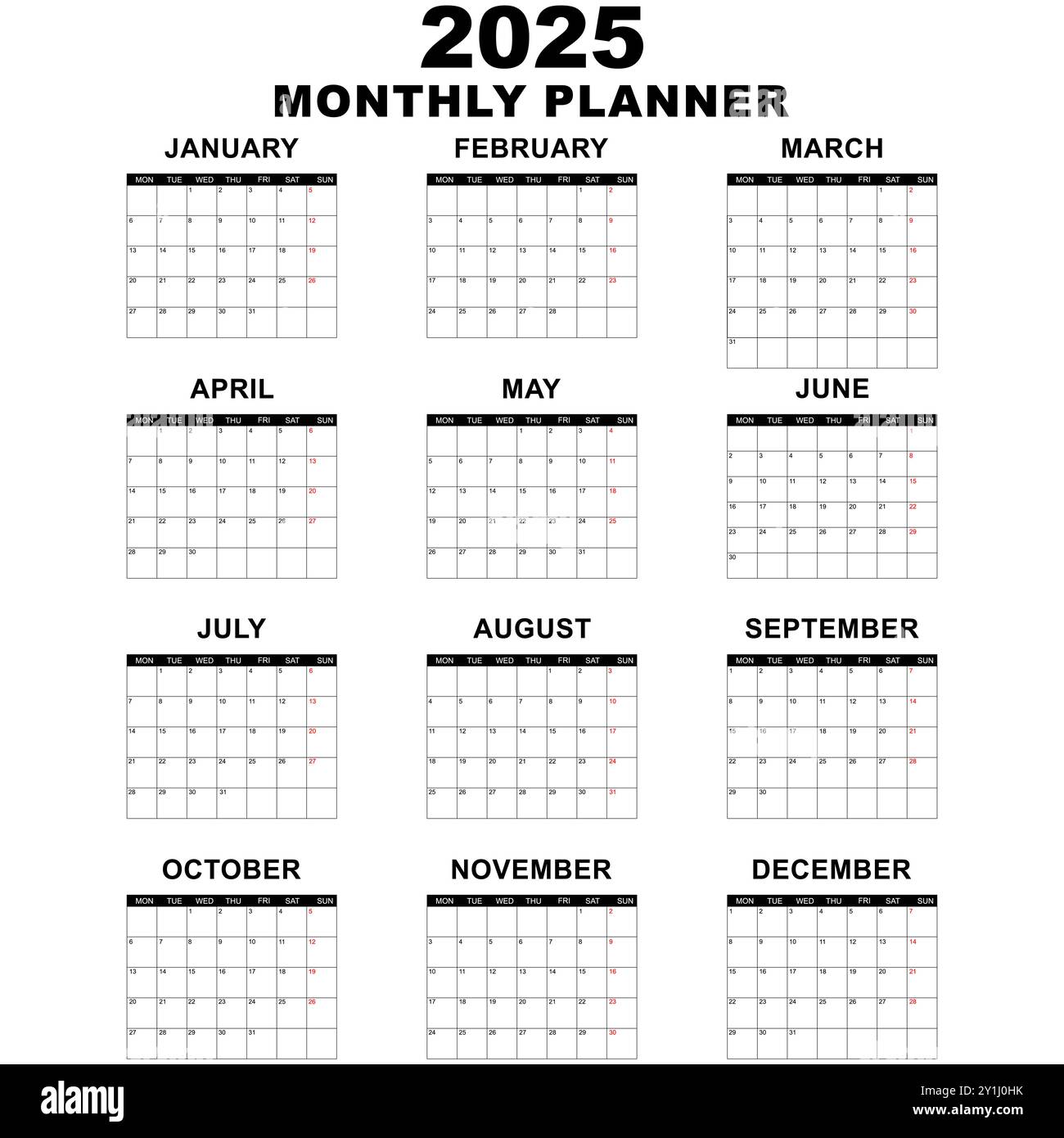 Monthly calendar template for 2025 year. Wall calendar in a minimalist style. Week Starts on